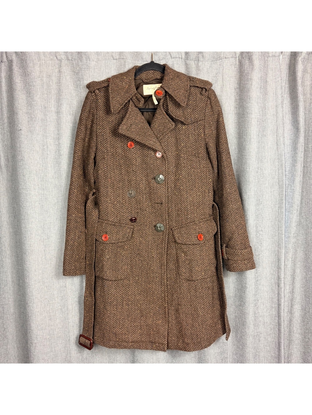 Springfield Brown Herringbone Wool Blend Trench Coat with Multi-Colored Buttons